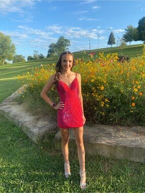 Sherri Hill Red Sequin Plunge Mini Dress